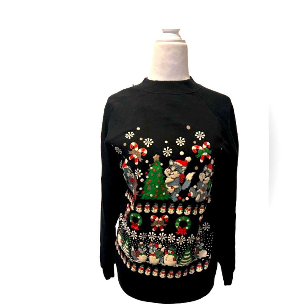 VTG Festive Black Christmas Sweater with CAT Design!! 80s/90s sz Womens Med